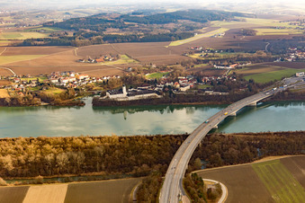 Aerial view of Inn Autobahn Bridge Prison in Suben in the state Upper Austria, Austria