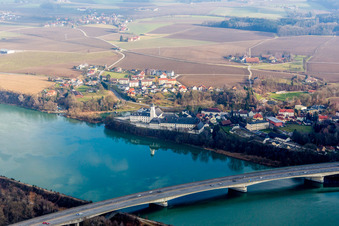 Aerial view of Prison grounds of Prison at the Inn river in Suben in Oberoesterreich, Austria