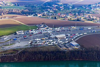 Aerial view of Highway customs station and immigration checkpoint of the A 8 in Suben in Oberoesterreich, Austria