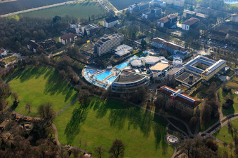 Aerial view of Europa Therme Bad Füssing on Kurallee with Klinik Niederbayern on Paracelsusstraße and Thermenhotel Tannenhof 1 in Bad Füssing in the state Bavaria, Germany