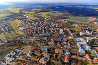 Aerial view of Overview of the Thermalbadstraße from the east in Bad Füssing in the state Bavaria, Germany