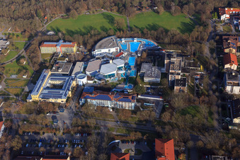 Aerial photograpy of Spa park at the Europa Therme Bad Füssing on the Kurallee with Klinik Niederbayern on the Paracelsusstraße and Thermenhotel Tannenhof from the southwest 1 in Bad Füssing in the state Bavaria, Germany