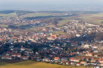 Aerial view of Town View of the streets and houses of the residential areas in Rotthalmuenster in the state Bavaria, Germany