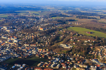 Aerial view of City view from the southeast with Gartlberg pilgrimage church and primary school in the district Reichenberg in Pfarrkirchen in the state Bavaria, Germany