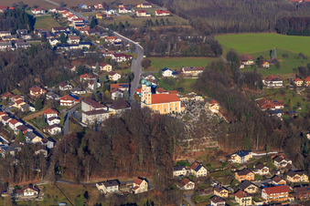 Aerial view of Bergstrasse and Gartlbergstrasse to the Gartlberg pilgrimage church at the cemetery Pfarrkirchen in Pfarrkirchen in the state Bavaria, Germany