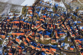 Aerial view of Laurentiusgarten on Pfaffengasse in winter with snow in Göcklingen in the state Rhineland-Palatinate, Germany