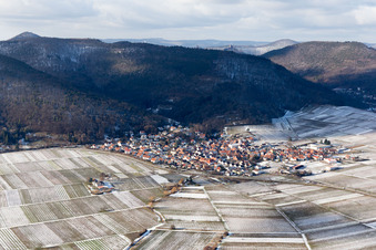 View of a winegrowing village in winter with snow from the east in Eschbach in the state Rhineland-Palatinate, Germany