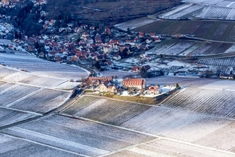 Wintry snowy Complex of the hotel building Leinsweiler Hof in Leinsweiler in the state Rhineland-Palatinate, Germany