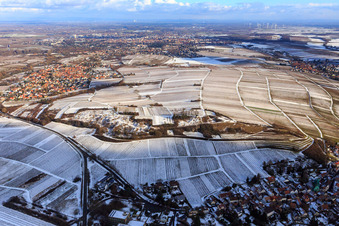 Nature reserve and chapel Kleine Kalmit in winter with snow from the west in Ilbesheim bei Landau in the state Rhineland-Palatinate, Germany