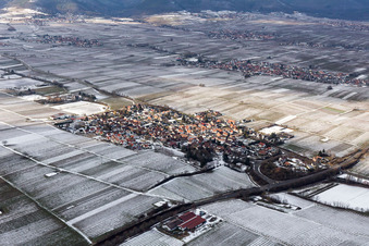 Aerial view of Wintry snowy Village - view on the edge of agricultural fields and farmland in Walsheim in the state Rhineland-Palatinate, Germany