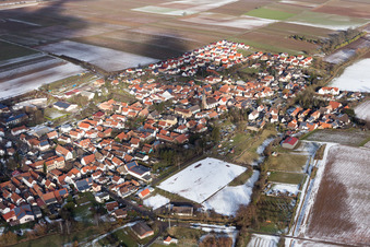 Aerial view of In winter when it snows in Essingen in the state Rhineland-Palatinate, Germany
