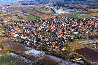 Village view in winter with snow from the northwest in Zeiskam in the state Rhineland-Palatinate, Germany