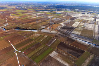 Offenbach wind farm in winter with snow in Knittelsheim in the state Rhineland-Palatinate, Germany