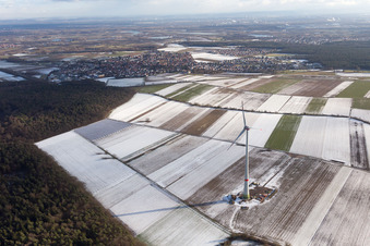 Wintry snowy Construction site for wind turbine installation in Hatzenbuehl in the state Rhineland-Palatinate, Germany