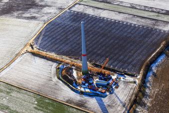 Mast assembly at a wind turbine of the Hatzenbühler wind farm in winter with snow in Hatzenbühl in the state Rhineland-Palatinate, Germany