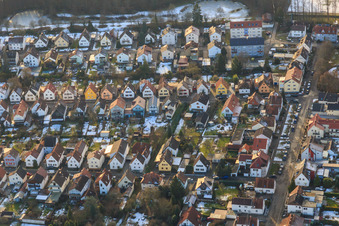 Aerial view of Haardtstraße x Birkenstraße in winter with snow in Kandel in the state Rhineland-Palatinate, Germany