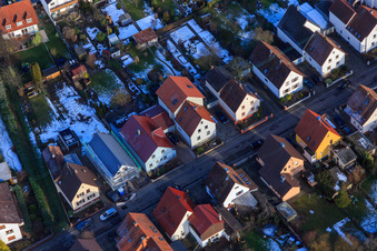 New single-family home in Waldstraße in winter with snow in Kandel in the state Rhineland-Palatinate, Germany from above