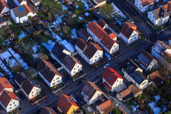 Aerial view of Waldstraße x Südendstraße in winter with snow in Kandel in the state Rhineland-Palatinate, Germany