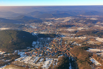 Village view in the Palatinate Forest in winter with little snow from the south in the district Stein in Gossersweiler-Stein in the state Rhineland-Palatinate, Germany