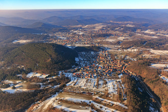 Village overview in the Palatinate Forest in winter with little snow from the south in the district Stein in Gossersweiler-Stein in the state Rhineland-Palatinate, Germany