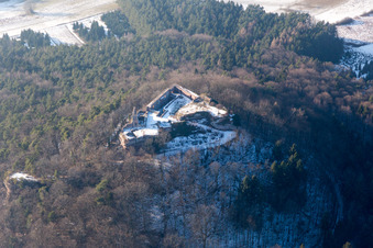 Wintry snowy Ruins and vestiges of the former castle and fortress Lindelbrunn in Vorderweidenthal in the state Rhineland-Palatinate