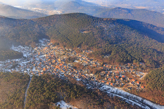 The Sleeping Beauty of the Palatinate Forest in winter with little snow from the south in Dörrenbach in the state Rhineland-Palatinate, Germany