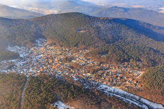 Aerial view of The Sleeping Beauty of the Palatinate Forest in winter with little snow from the south in Dörrenbach in the state Rhineland-Palatinate, Germany