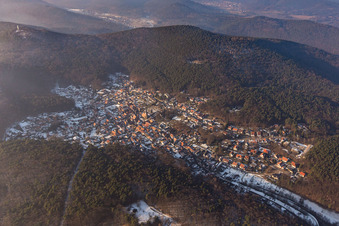 Wintry snowy Forest and mountain scenery des suedlichen Pfaelzerwald in Doerrenbach in the state Rhineland-Palatinate
