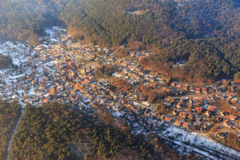 Aerial photograpy of The Sleeping Beauty of the Palatinate Forest in winter with little snow from the south in Dörrenbach in the state Rhineland-Palatinate, Germany