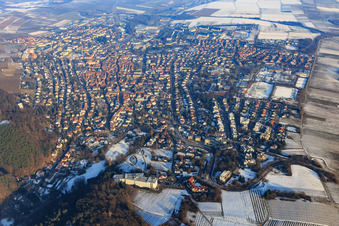 Aerial view of City overview in winter with little snow from the west with spa park Bad Bergzabern at the Edith Stein Clinic in Bad Bergzabern in the state Rhineland-Palatinate, Germany