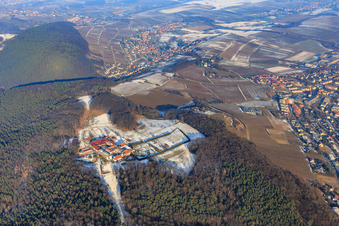 Aerial photograpy of Horse boarding at Liebfrauenberg Monastery in winter with snow in Bad Bergzabern in the state Rhineland-Palatinate, Germany