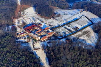 Oblique view of Horse boarding at Liebfrauenberg Monastery in winter with snow in Bad Bergzabern in the state Rhineland-Palatinate, Germany