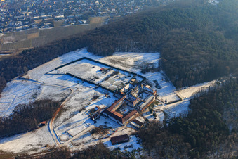 Horse boarding at Liebfrauenberg Monastery in winter with snow in Bad Bergzabern in the state Rhineland-Palatinate, Germany out of the air