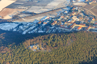 Ruin of Waldschlössel above the Landeck State Hospital in winter with little snow in Klingenmünster in the state Rhineland-Palatinate, Germany