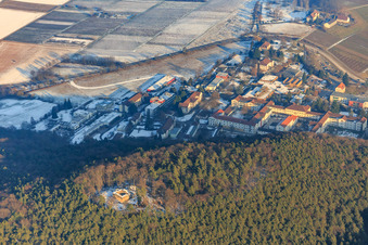 Aerial view of Ruin of Waldschlössel above the Landeck State Hospital in winter with little snow in Klingenmünster in the state Rhineland-Palatinate, Germany