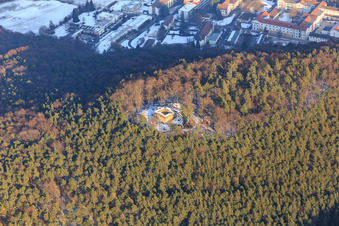 Aerial photograpy of Ruin of Waldschlössel above the Landeck State Hospital in winter with little snow in Klingenmünster in the state Rhineland-Palatinate, Germany