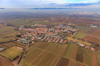 Village overview during inversion in winter from the southeast in Impflingen in the state Rhineland-Palatinate, Germany