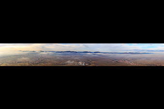 Panorama of the Haardt from Göcklingen to Landau in winter with low clouds in Göcklingen in the state Rhineland-Palatinate, Germany