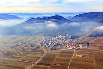 Village view on the edge of the Haardt in winter with low clouds from the east in Eschbach in the state Rhineland-Palatinate, Germany