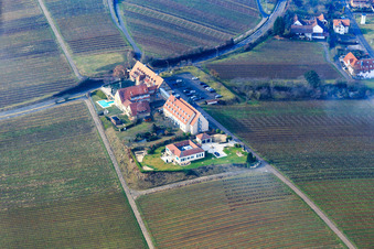 Hotel Leinsweiler Hof in winter from the east in Leinsweiler in the state Rhineland-Palatinate, Germany