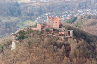 Bird's eye view of Trifels Castle in Annweiler am Trifels in the state Rhineland-Palatinate, Germany