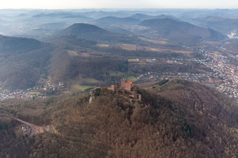 Drone recording of Trifels Castle in Annweiler am Trifels in the state Rhineland-Palatinate, Germany