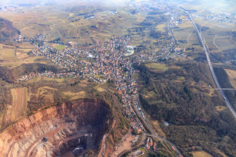 Aerial view of Queichtal in winter from the west with quarry Albersweiler of the Basalt-Actien-Gesellschaft in Albersweiler in the state Rhineland-Palatinate, Germany