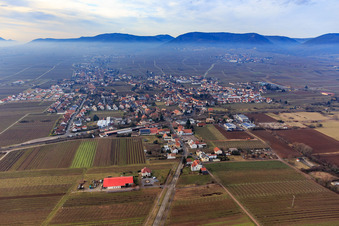 View of the town in winter during inversion from the east in Edesheim in the state Rhineland-Palatinate, Germany