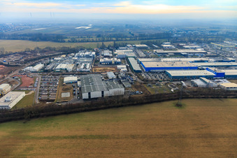 Landau East industrial area from the north with Rose Druck GmbH, RONAL GmbH and APL Automobil-Prüftechnik Landau GmbH in Landau in der Pfalz in the state Rhineland-Palatinate, Germany