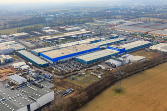 Landau East industrial area from the northeast with Rose Druck GmbH, RONAL GmbH and APL Automobil-Prüftechnik Landau GmbH in Landau in der Pfalz in the state Rhineland-Palatinate, Germany