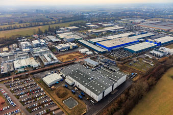 Aerial view of Landau East industrial area from the northeast with Rose Druck GmbH, RONAL GmbH and APL Automobil-Prüftechnik Landau GmbH in Landau in der Pfalz in the state Rhineland-Palatinate, Germany