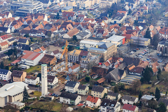 Aerial view of New construction site for commercial buildings after demolition between Marktstr- and Goetherstr in Kandel in the state Rhineland-Palatinate, Germany