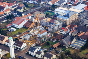 Aerial photograpy of New construction site for commercial buildings after demolition between Marktstr- and Goetherstr in Kandel in the state Rhineland-Palatinate, Germany