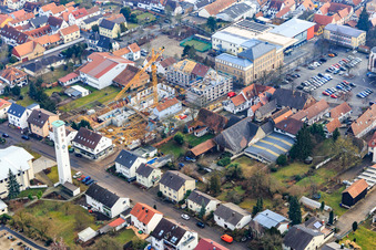 Oblique view of New construction site for commercial buildings after demolition between Marktstr- and Goetherstr in Kandel in the state Rhineland-Palatinate, Germany